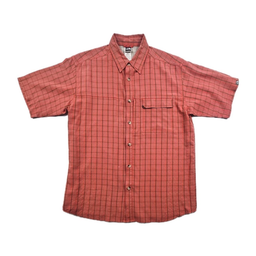 The North Face Men's M Red Mini Windowpane Plaid Vented Button Up Hiking Fishing